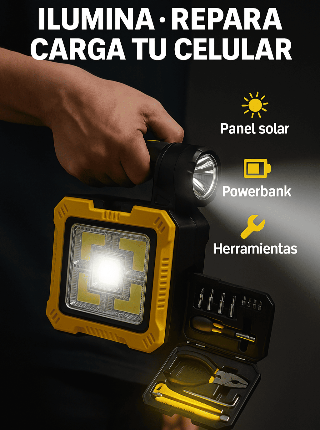 Linterna LED⚡ con Kit Completo de Supervivencia Urbana: Herramientas, Powerbank y carga Solar